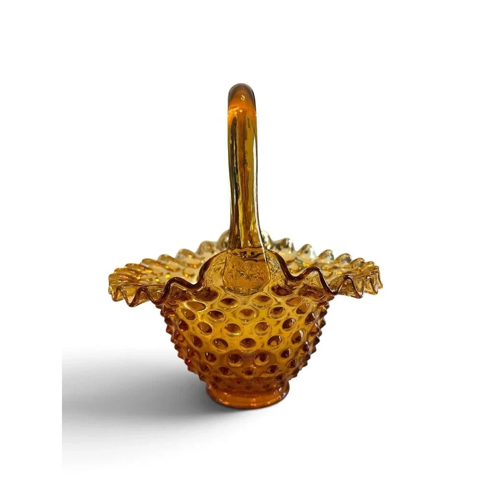 Vintage Fenton Amber Glass Colonial Hobnail Ruffled Edges Art Glass Basket 7.5